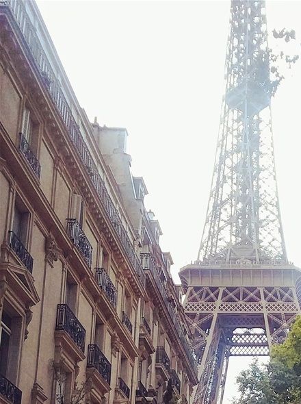 After taking the photo of Farida posing in front of the huge wrought iron gate, she walked out to the street and we then took this photo. We are at the corner of rue de Université and Avenue de la Bourdonnais. It is a very very short stroll towards the east from the Eiffel Tower.