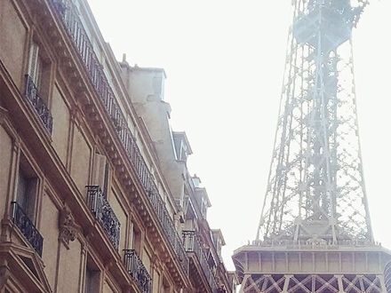 After taking the photo of Farida posing in front of the huge wrought iron gate, she walked out to the street and we then took this photo. We are at the corner of rue de Université and Avenue de la Bourdonnais. It is a very very short stroll towards the east from the Eiffel Tower.