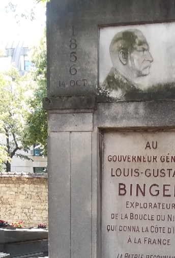 This tomb stone states that this explorer made the expedition that provided France with the territory of Cote d'Ivoire. He was an officer and an explorer who not only helped France colonize Cote d'Ivoire as a result of his exploration there but also updated maps of Africa. Maps of Africa used to include a mountain range called the Mountains of Kong (yes this was a real thing). This mountain range supposedly ran across most of western Africa just above the Sahel region. The Mountains of Kong were on world maps until around 1880 and were even shown in Goodes World Atlas until the 1895 edition. The explorations of Louis Gustave Binger helped to eliminate the notion that such a mountain range existed.