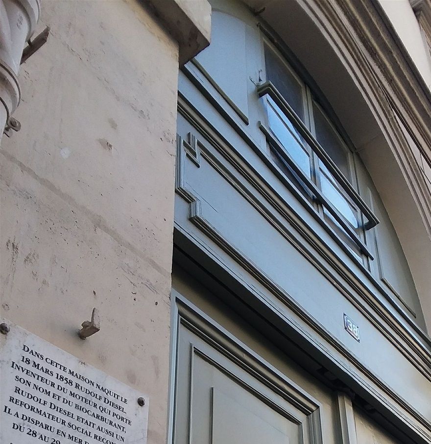 Rudolph Christian Karl Diesel invented the Diesel engine. Although he was a German inventor, he lived in this building in the Marais neighborhood of Paris. The plaque says that he was born here, he invented the engine that bears his name, that he was a recognized social reformer, and that he disappeared at sea. His disappearance was a mystery.