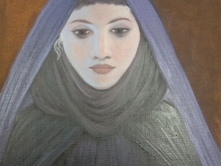 This is called Hecate An Imaginary Portrait by Maria Aragon in Alamogordo NM. She works with oils on paper and canvas. She can be found @mariaaragon64 on Instagram. I already posted her etsy.com address when I posted the acquisition of a Gaia painting from Maria Aragon.