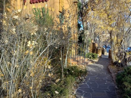 My favorite hotel in Santa Fe is called Inn On The Alameda. This is the walkway from the office lobby to our room. We can easily walk the 3 blocks from this hotel to Santa Fe Old Town Plaza.