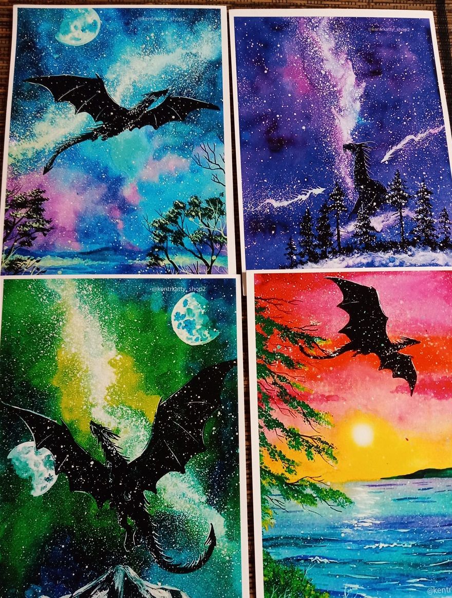 These artworks were acquired from kentr_katty_shop2 who is based in Russia. She has an etsy shop account and is on instagram. She is at www.etsy.com/shop/Elvenshopkatty. These are prints in the form of postcards.