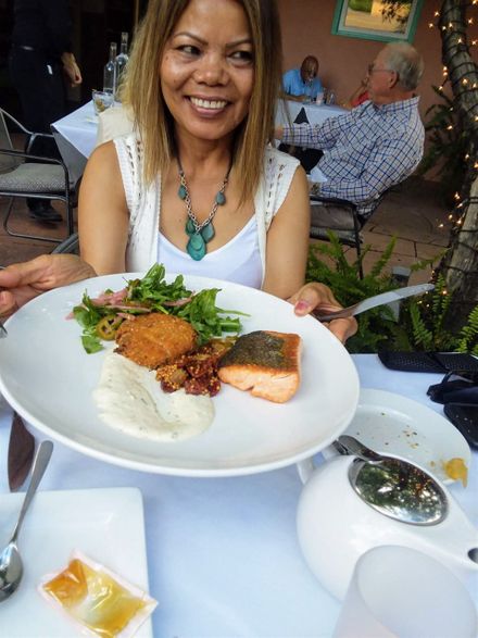 Here is Farida with her meal at our favorite restaurant in Taos NM. Lamberts Of Taos is top rated but it will not make you broke paying the bill..
