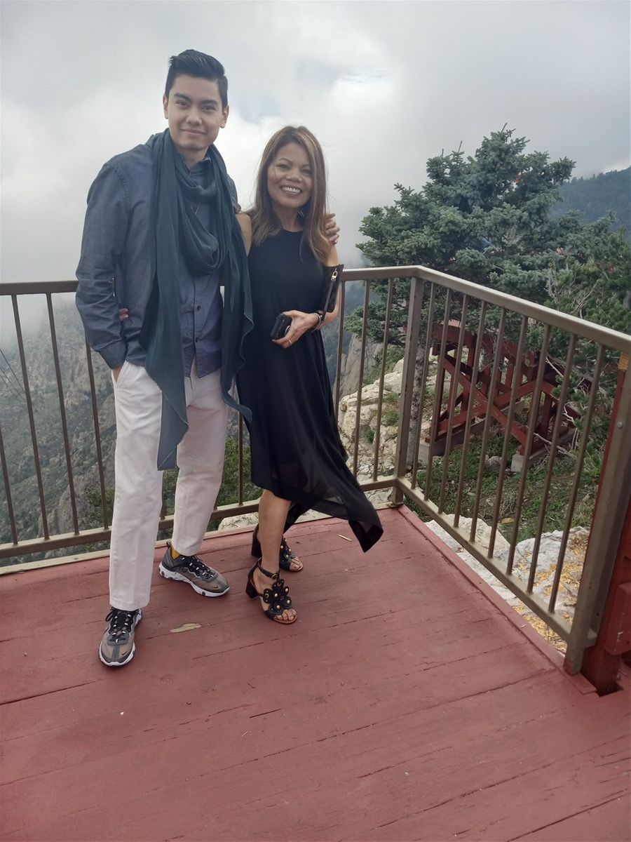 This is my favorite photo taken of Farida and Reno in the clouds on top of Sandia Mountain. We were here to eat at Ten 3 which is a fine dining restaurant. Which is why we are dressed for dinner, not for hiking. 😄