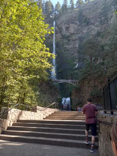Reno can be seen ahead of us on the way up to Multnomah Waterfall. This is the tallest waterfall in Oregon. A tour of the Columbia River Gorge will most likely include a visit to this waterfall along with 3 or 4 others. Multnomah Waterfall is 620 feet high which is about 189 meters. This is on the National Register Of Historic Places.